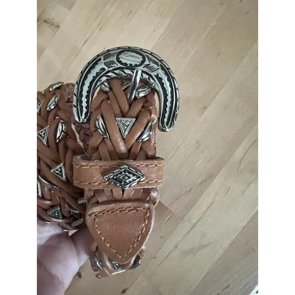 OMEGA Vtg Brown Braided Leather Western Concho Belt Silver Tone Buckle 32 Small - Picture 2 of 9
